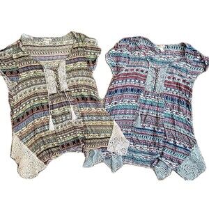 Unity World Wear Lot of 2 Tops Womens L Embroidered Flutter Boho Geometric